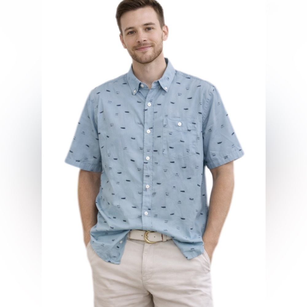American Threads Men's L Blue Graphic Print Canoes Mountains Button-Up Shirt